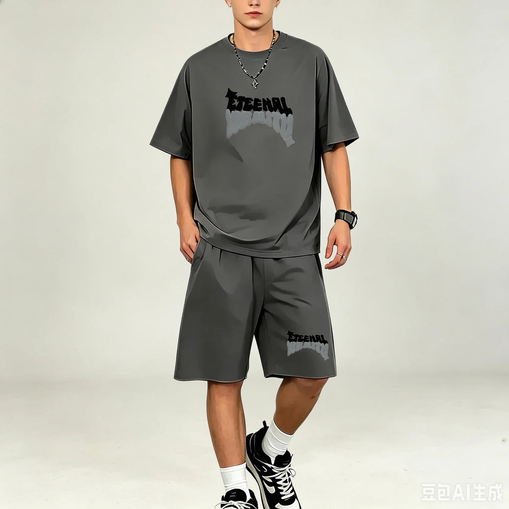Best Selling Men T‑Shirts Sets 2‑Piece Outfit Short‑sleeve Tops With Drawstring Shorts Sets Casual Sport T‑Shirts Sets Plus‑Size