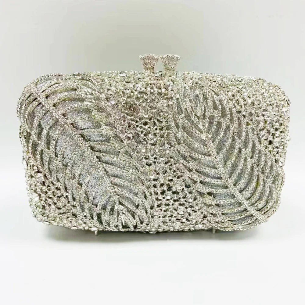 Silver Evening Clutches Diamond Wedding Purses WHTUOHENG Crystal Purses Rhinestone Clutch  Bags Leaves Women Party Handbags