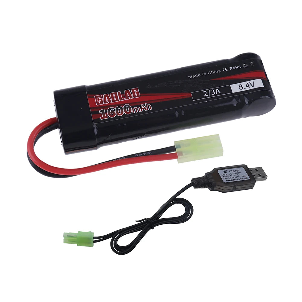 Airsoft Battery 7S 2/3A 8.4V 1600mAh NiMH Flat Battery Pack with Mini Tamiya Connector for MP5, Scar, M249, M240B, M60 Guns