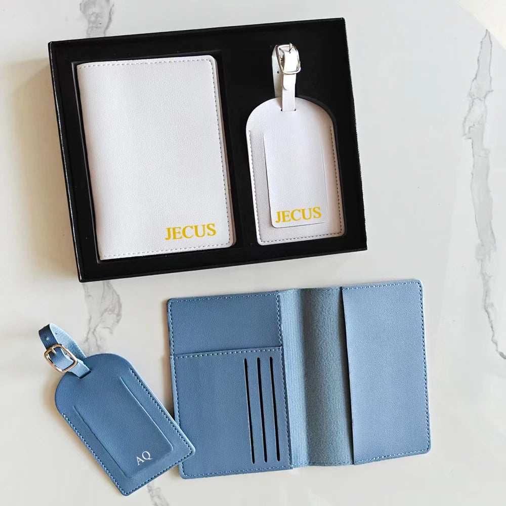 Custom Initials Passport Holder Suitcase Tag Set Luxury  Personalize Name logo Gift Lightweight Travel Accessories Set With Box