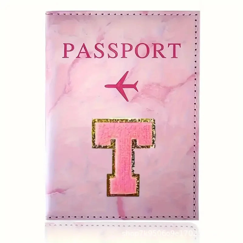 Pink PU Leather Passport Holder with Embroidery Label, Ticket & ID Credit Card Holder Cover, Travel Accessories