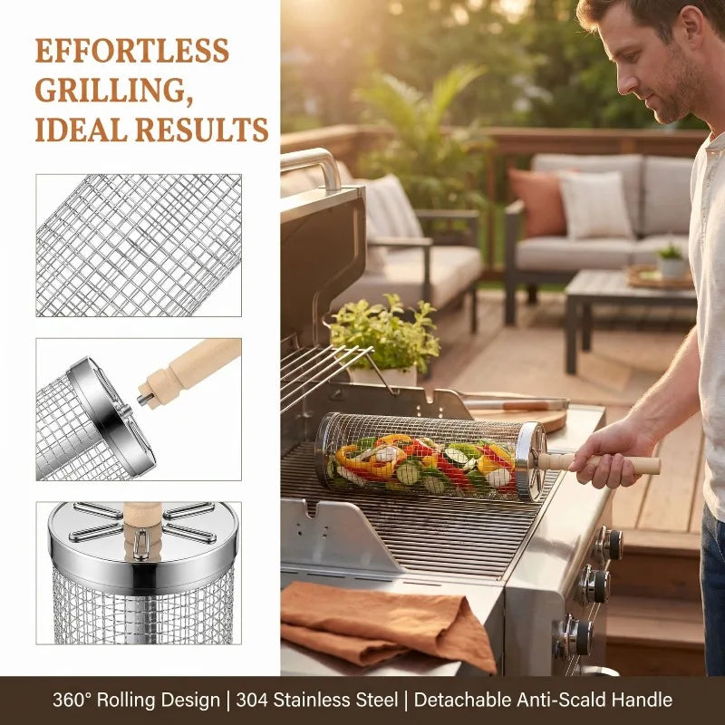 Rolling Grill Basket, Removable Wooden Handle, 304 Stainless Steel, Nesting Grilling Tools, Smoker BBQ Accessories for Vegetable