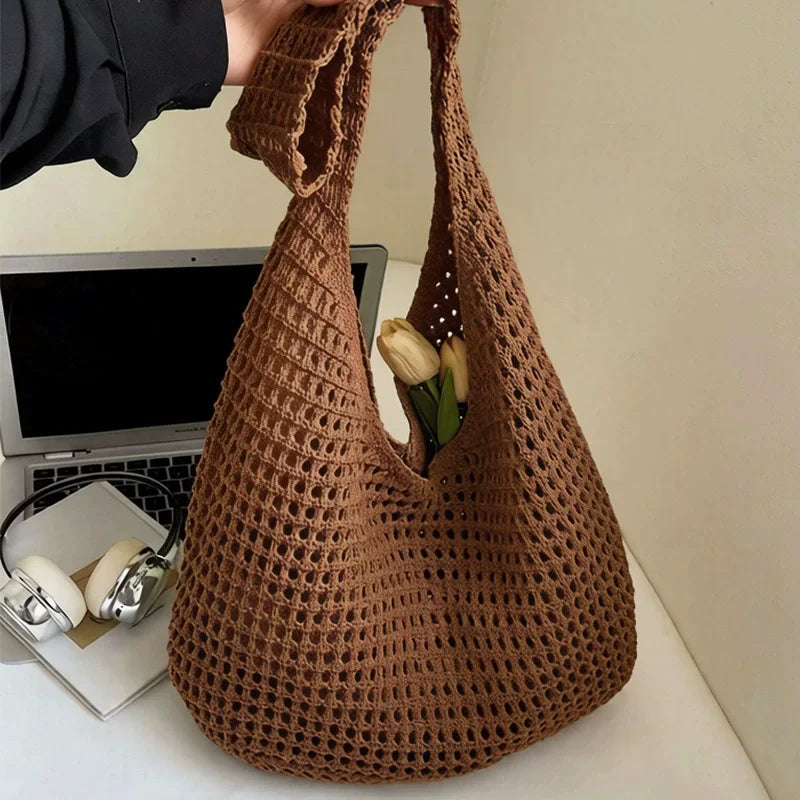 Solid Color Knitting Shoulder Bag Hollow Out Versatile Bohemian Crochet Tote Bag Large Capacity Casual Woven Handbag Women