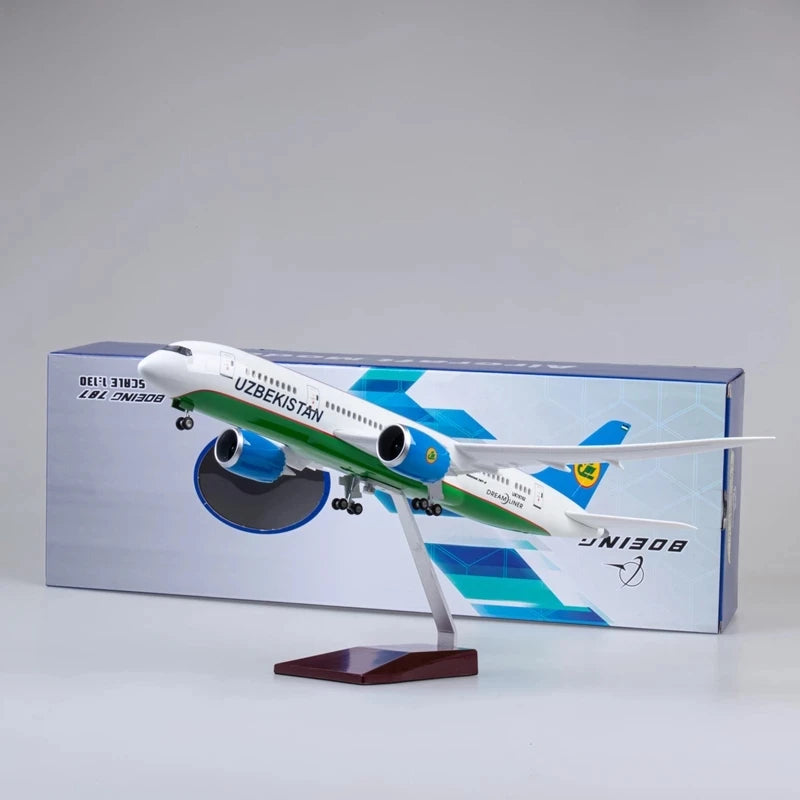 43cm Uzbekistan Airways B787 Aircraft Diecast 1/130 Scale Plane Child Toy With Lights & Wheels Miniature Airplane Aviation Gifts
