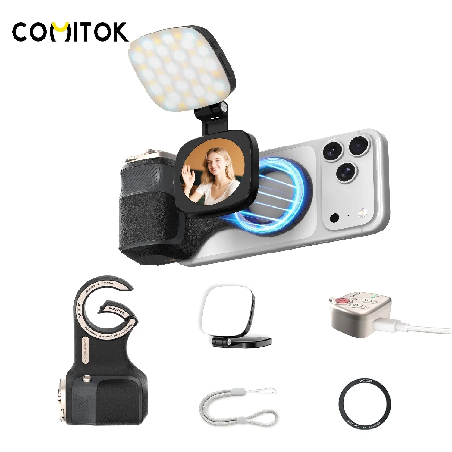 COMITOK ARCO BINER Magnetic Phone Camera Grip with Light for iPhone 17 Detachable Remote Ergonomic Holder for Selfie Vlog Video