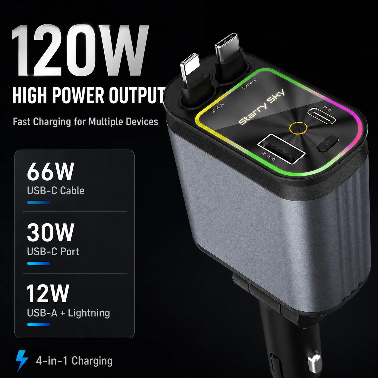 120W 4 in 1 Retractable Car Charger USB C Lightning Cable Starry Sky Ambient Light Fast Charging Adapter with USB-A USB-C Ports