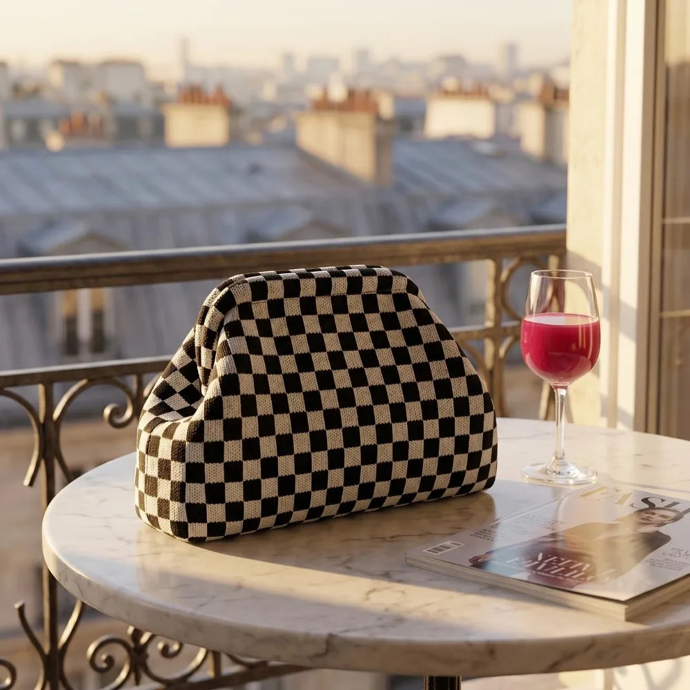 Retro checkerboard knit large-capacity multi-functional storage clutch bag