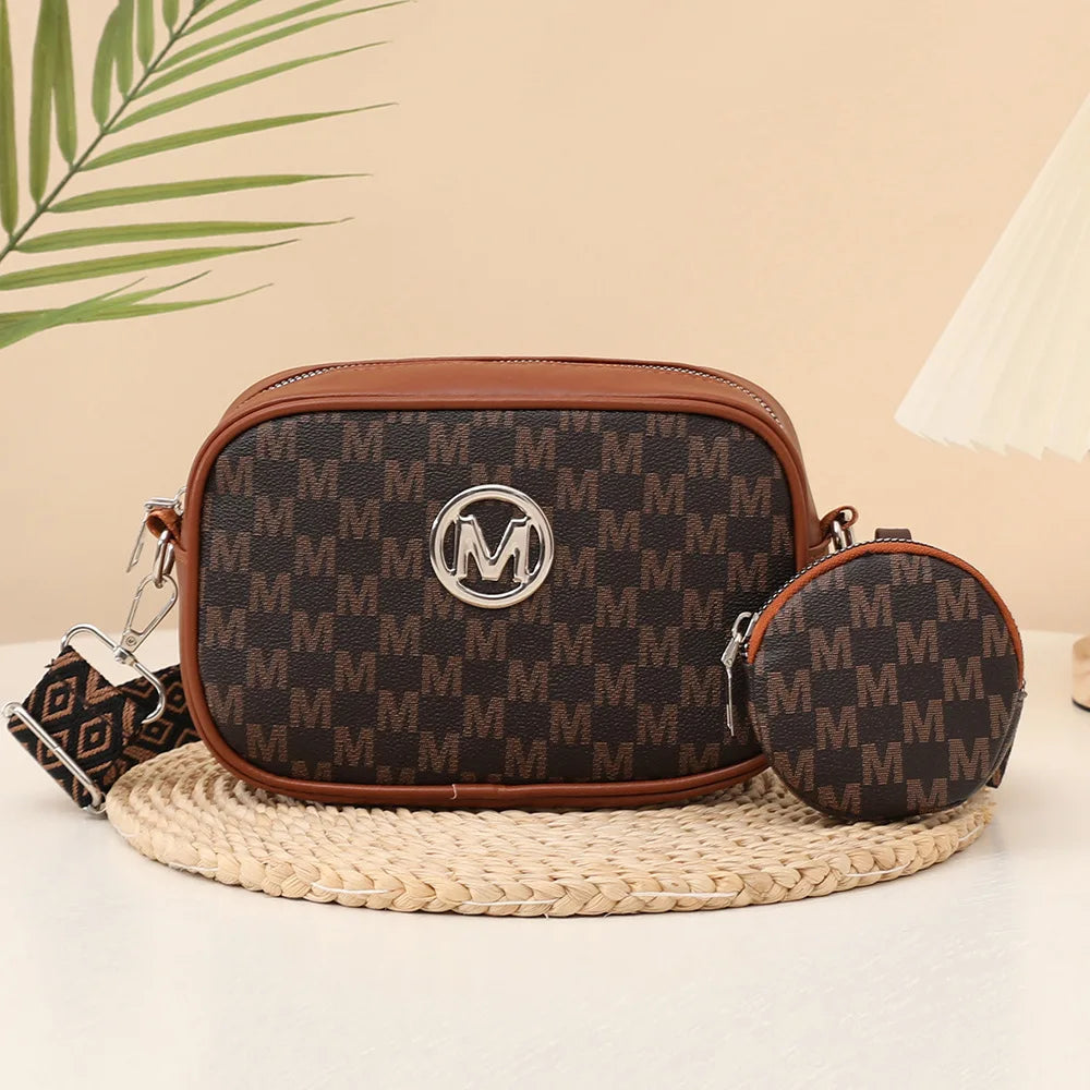 Vintage Letter-Printed Camera Bag for Women, Two-Piece Set, Stylish and Unique Shoulder Crossbody Bag with Wide Webbing Strap and Coin Purse