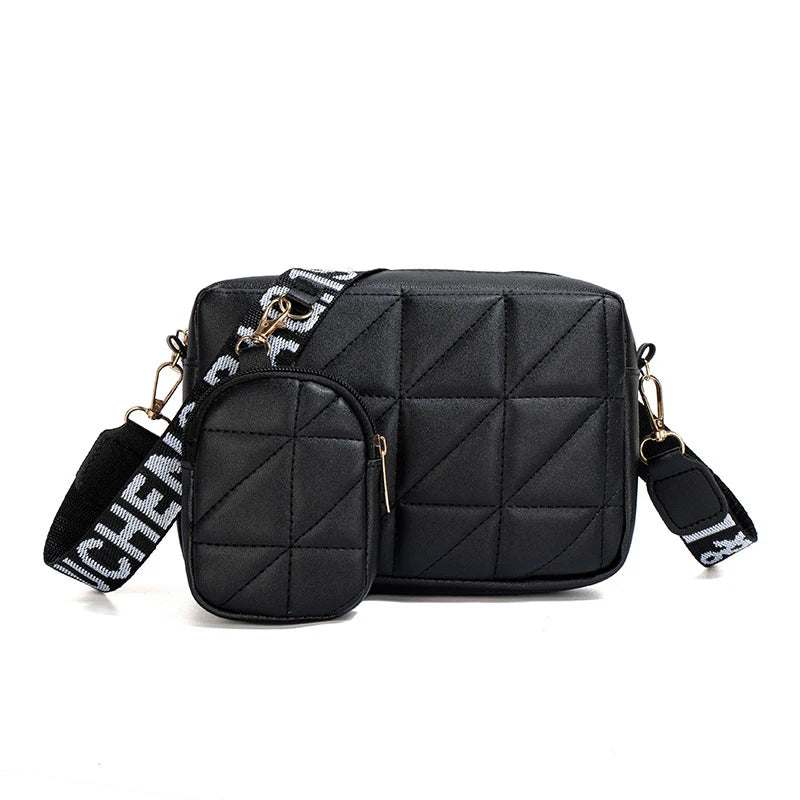 Fashionable Mobile Phone Bag, Large Capacity Checkered Shoulder Bag, Two-Piece Set, Wide Shoulder Strap