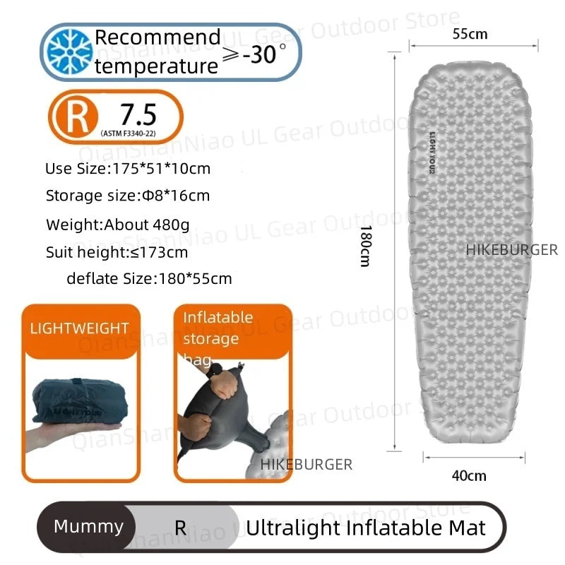 Light Tour R Value 7.5 Camping Inflatable Mattress Outdoor Portable Sleeping Pad Ultralight Hiking Single People Mat R4.2/R3.5