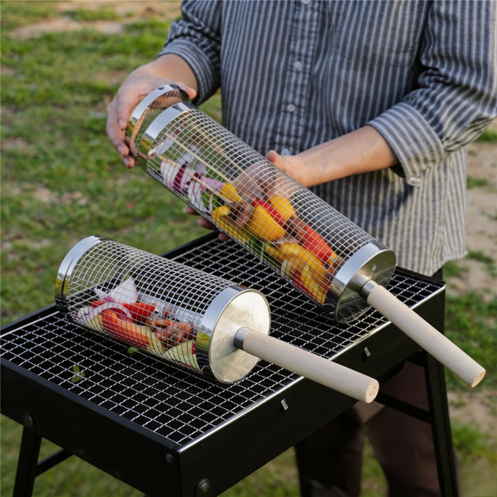 Stainless Steel Rolling BBQ Grill Basket, Wooden Handle Rotatable Mesh Barbecue Tube For Outdoor Camping Grilling