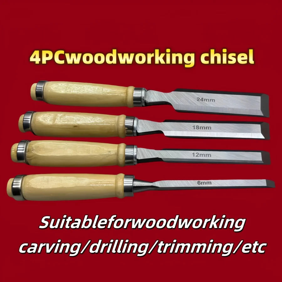 4pcs Professional Woodworking Chisel Set - 6-24mm Beveled Blades, Chrome Vanadium Steel, Solid Wood Handle