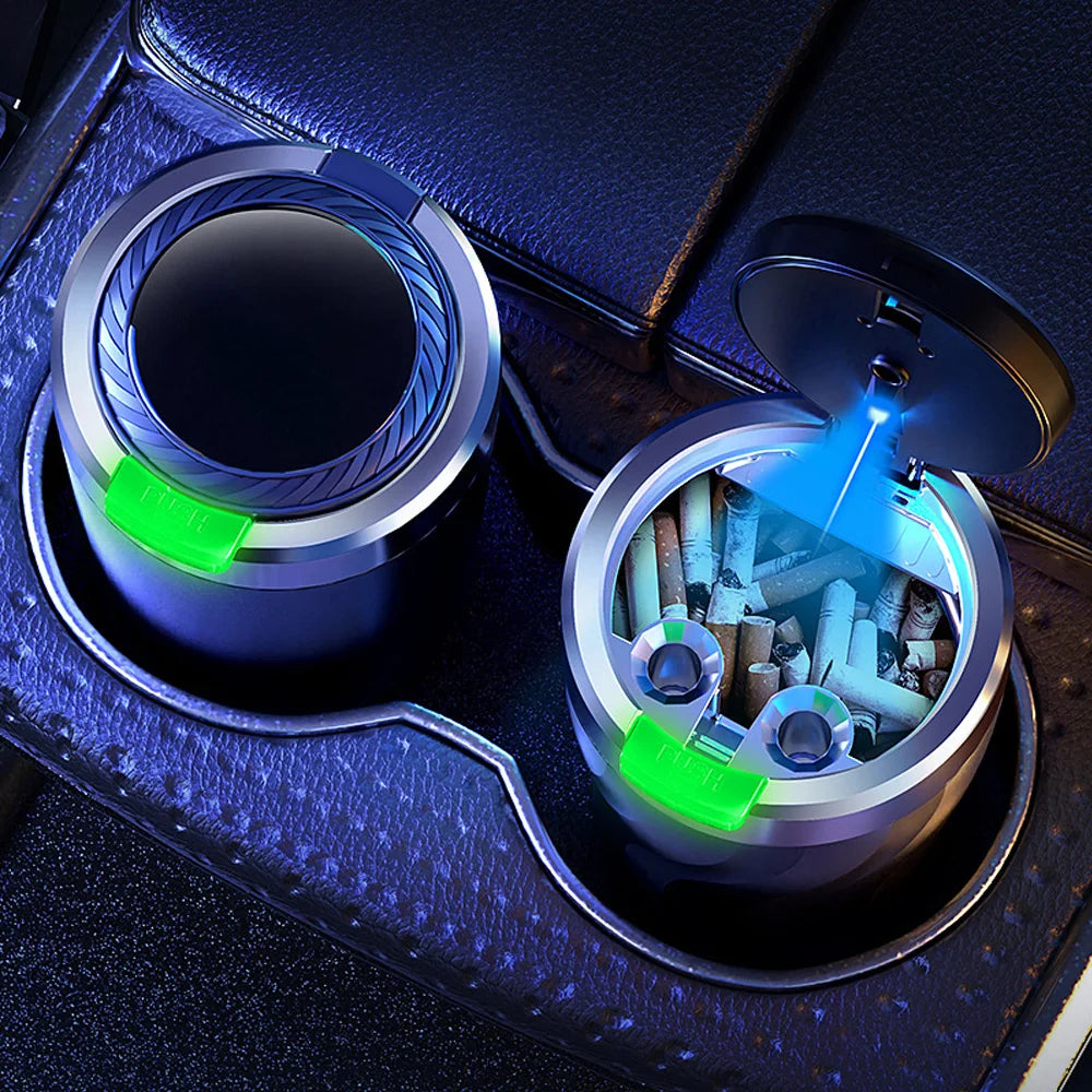 1 car ashtray set, interior use, one click lid opening, large capacity, equipped with LED lights and metal lining.