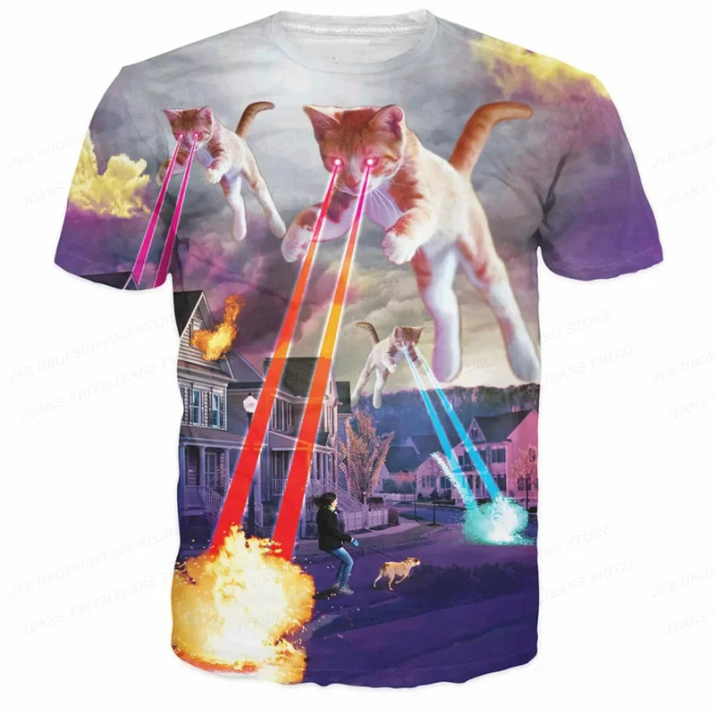 3D Printed Funny Cat T Shirt for Men Animal Food Pattern Tees Summer Street Oversize Short Sleeve Tops Loose Round Neck T-Shirts