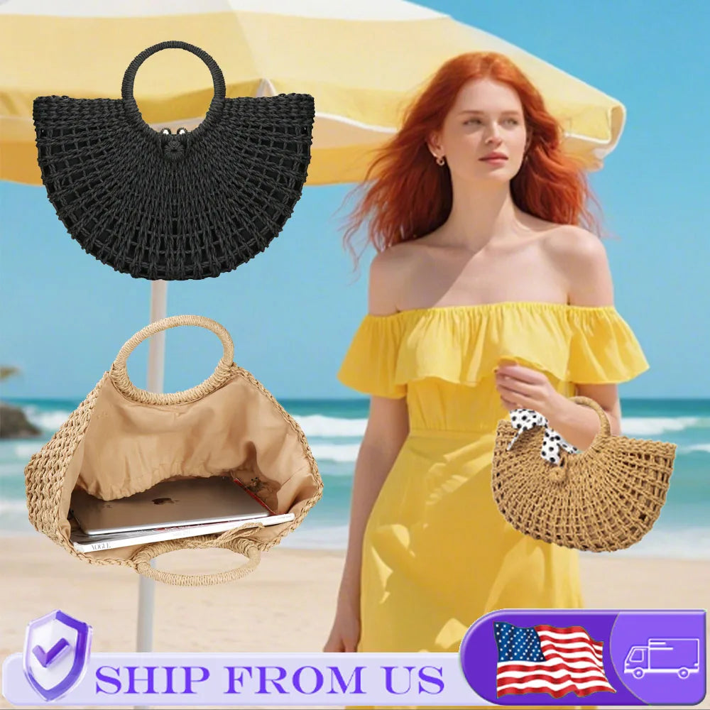 Large Capacity Summer Handmade Straw Weave Bags For Women Half-Round Rattan Woven Beach Bag Ladies Beach Wrapped Handbags Totes