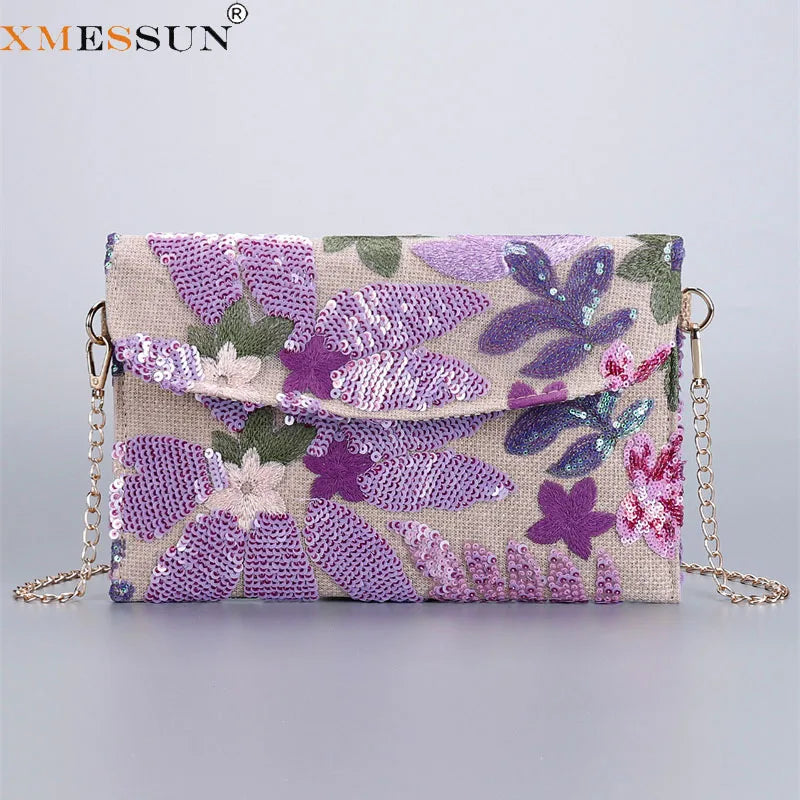 XMESSUN New Sequined Embroidery Envelope Clutch Bags for Women,Fashion Design Europe and America Casual Shoulder Bag Pouch Bag
