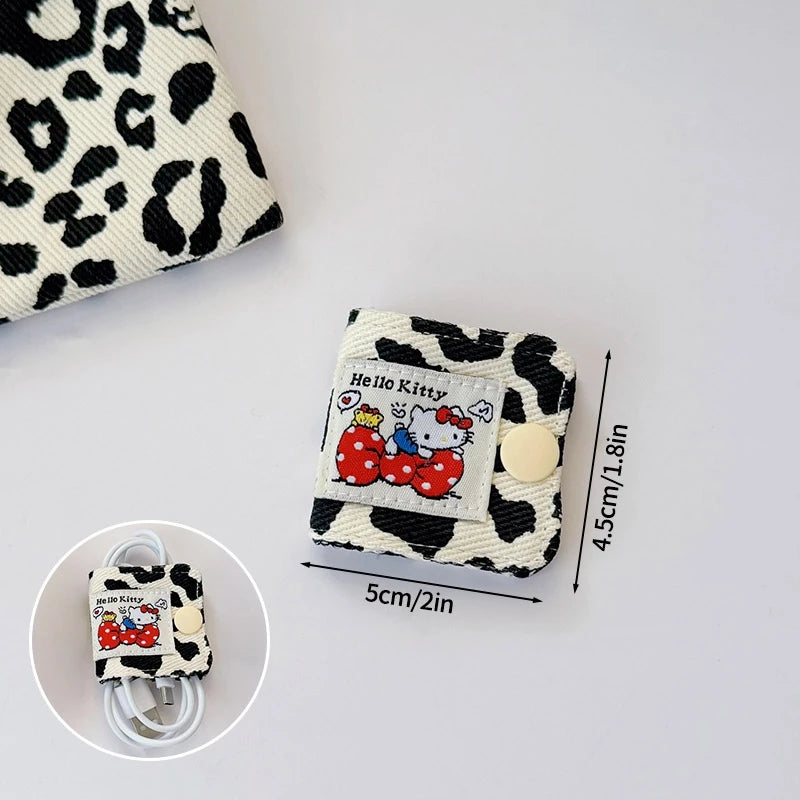 Sanrio Hello Kitty Leopard Print Denim Fabric Data Cable Storage Clip Charging Cable Wired Earphone Brush Storage Gifts for Girl