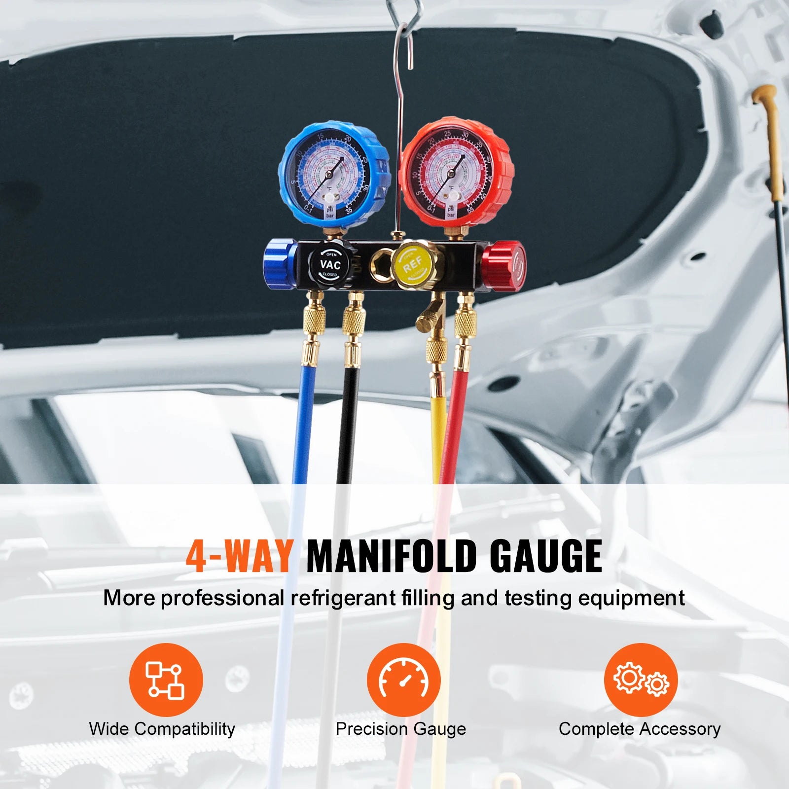 SucceBuy 4 Way AC Gauge-AC Manifold Gauge Set with 5ft Hoses for R134A/R22/R12/R410A Work on Car Freon Charging and Evacuation