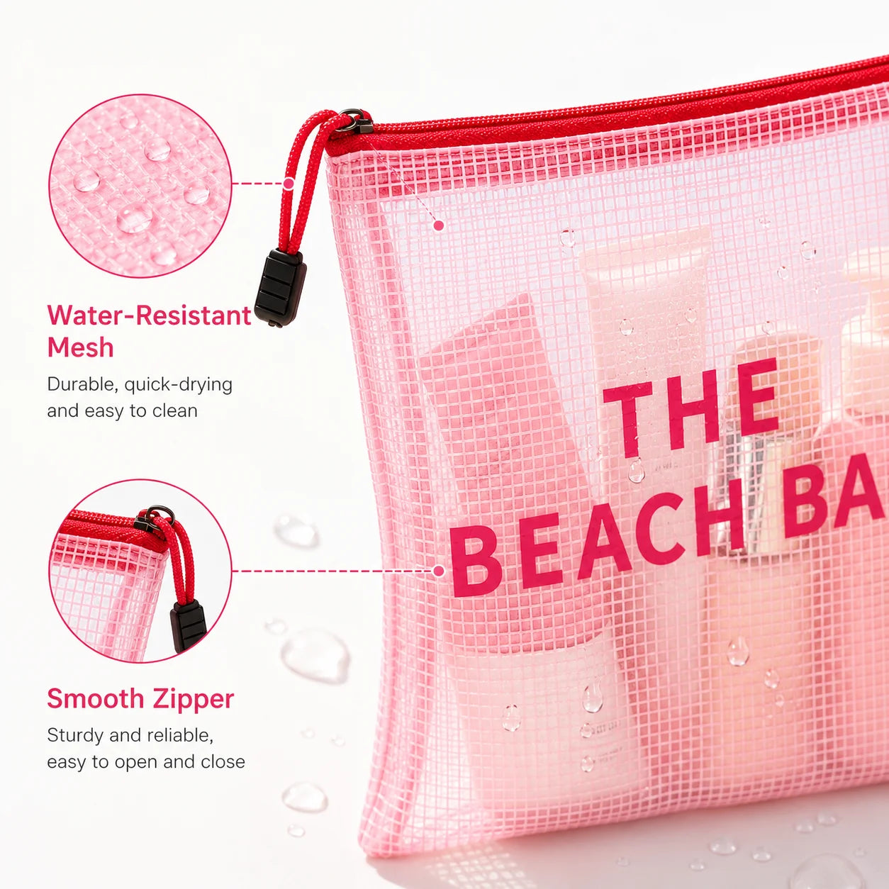 Pink Mesh Beach Bag, Waterproof Zipper Travel Cosmetic Pouch for Women, Large Capacity Toiletry Storage Organizer