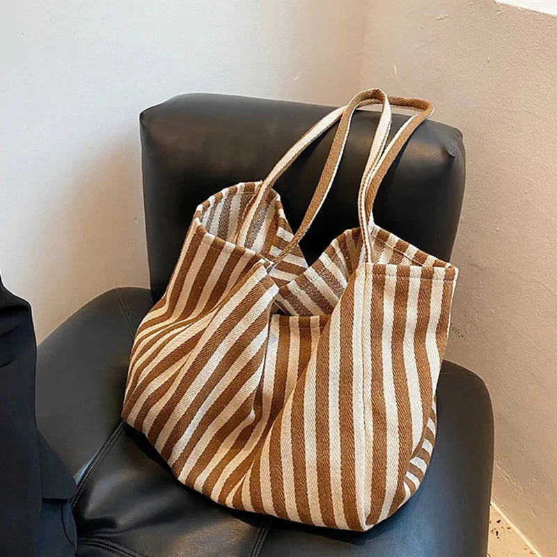 Casual Fashion Large Capacity Shoulder Bags For Women Striped Handbag Totes Canvas Big Size Shopping Bag Female Travel Pack