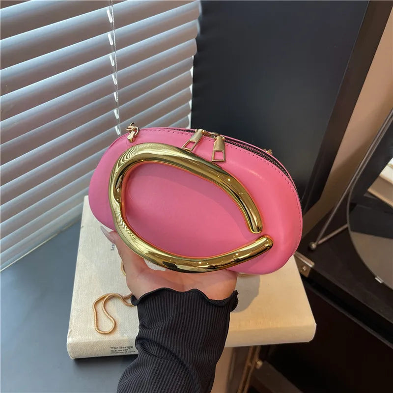 Retro Gold Metal Handle Women Clutch Bag PU Leather Chain Shoulder Crossbody Bag Mini Evening Purse for Party Wedding Daily Use