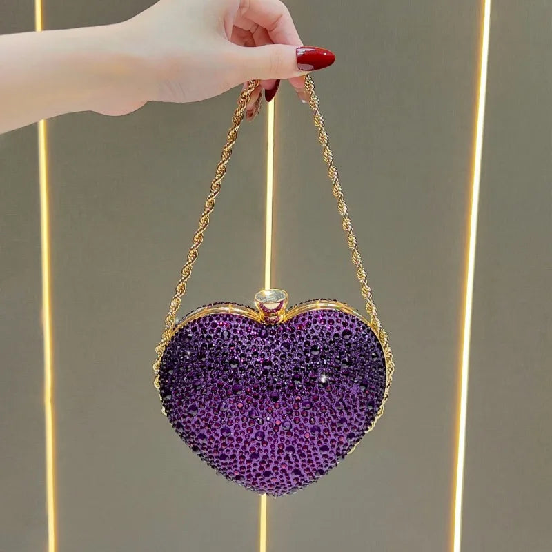 Dinner Handbag Luxury Brand Diamond-encrusted Dinner Party Women's Shoulder Bag Heart-shaped Fashion Shining Mini Women's Bag