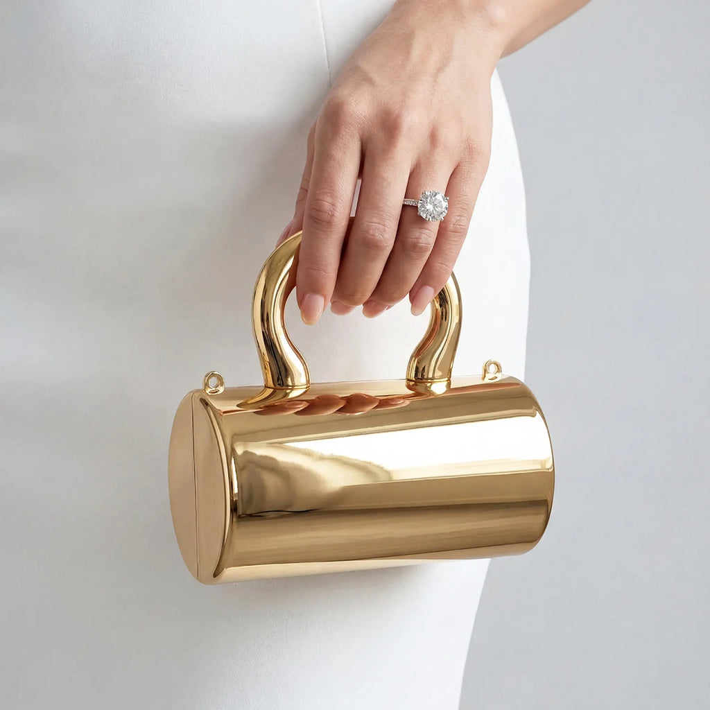 Stylish designer mini acrylic gold cylindrical clutchsparkly party/eveningbag for ladies luxurious womens shoulder/crossbody