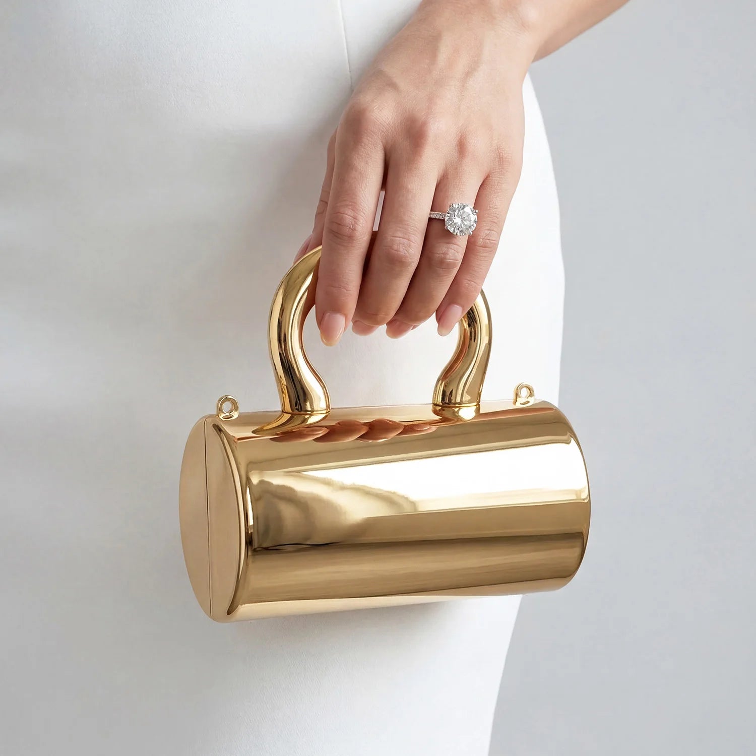 Stylish designer mini acrylic gold cylindrical clutchsparkly party/eveningbag for ladies luxurious womens shoulder/crossbody