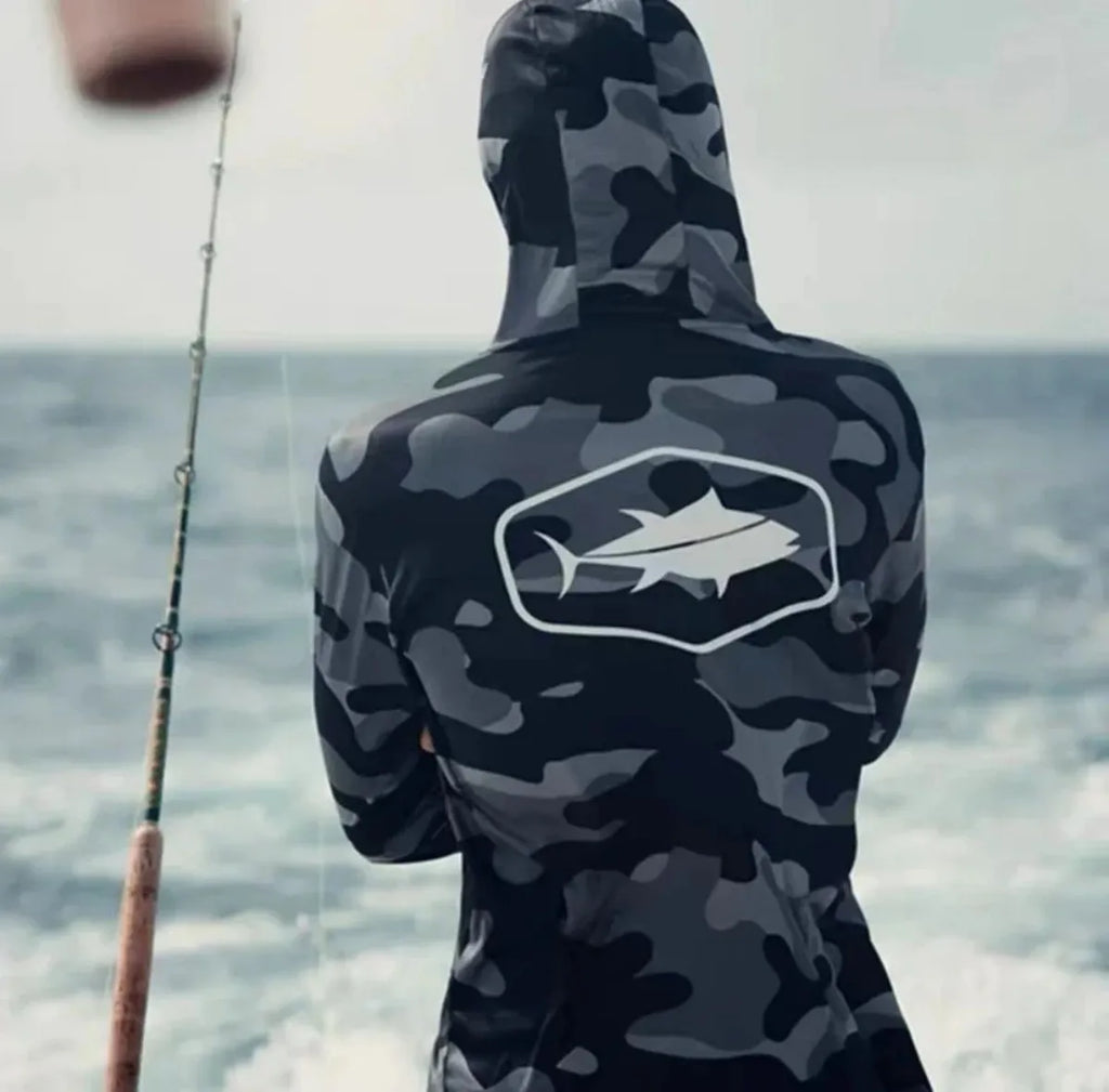 American men's summer fashionable fish print soft breathable hooded fishing suit long sleeved T-shirt outdoor casual top