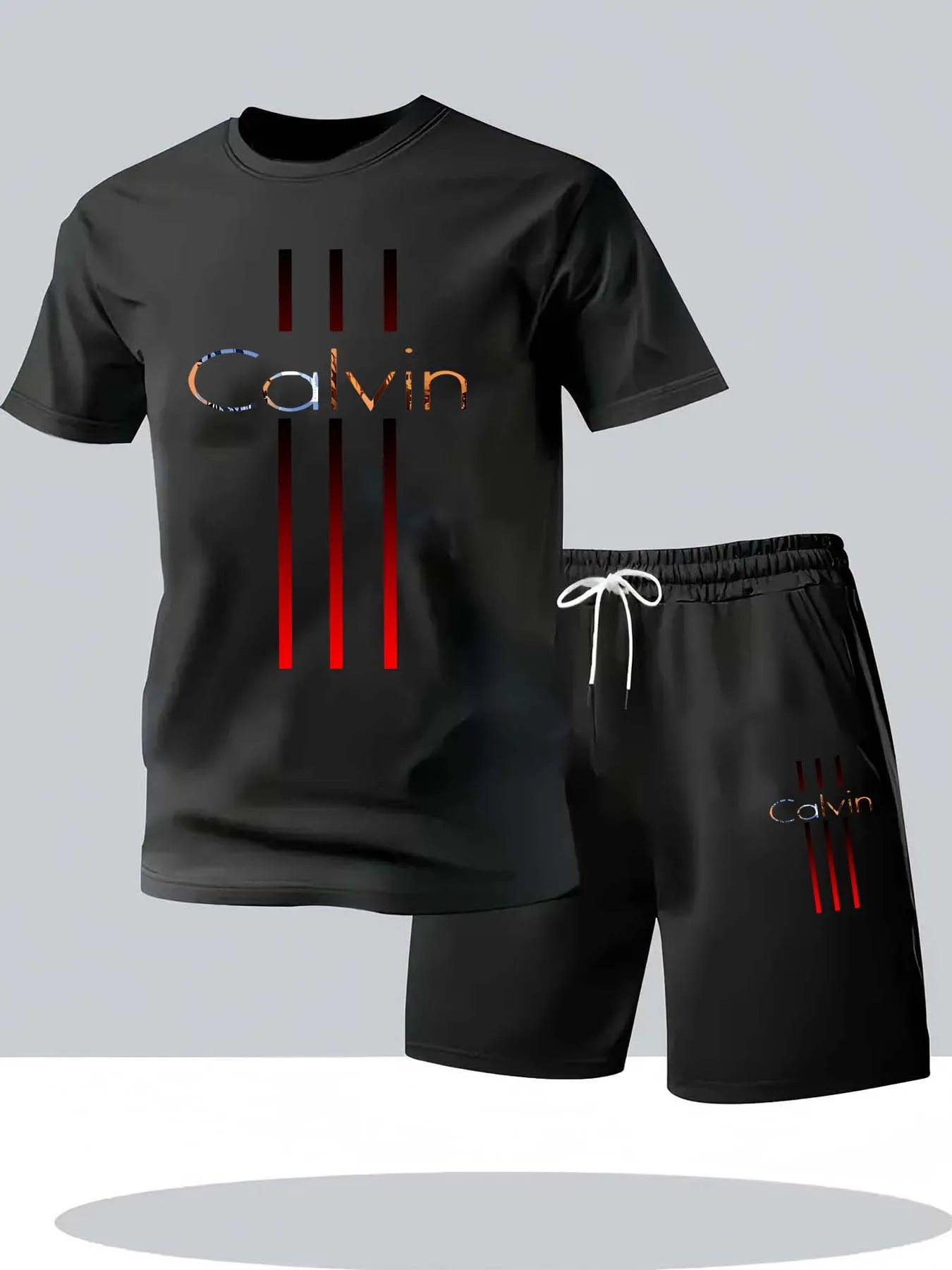 Men's T-shirt and shorts set summer casual loose and fashionable Calvin letter print comfortable round-neck short-sleeved T-shir