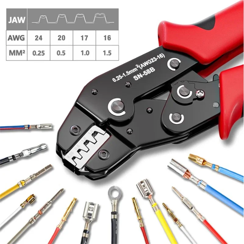 Ratchet Crimping Tool SN-58B Crimp Pliers XH2.54/DuPont2.54/2.8/4.8/6.3/uninsulated/ferrule JST terminals 0.5-1.5mm ²/ AWG23-16