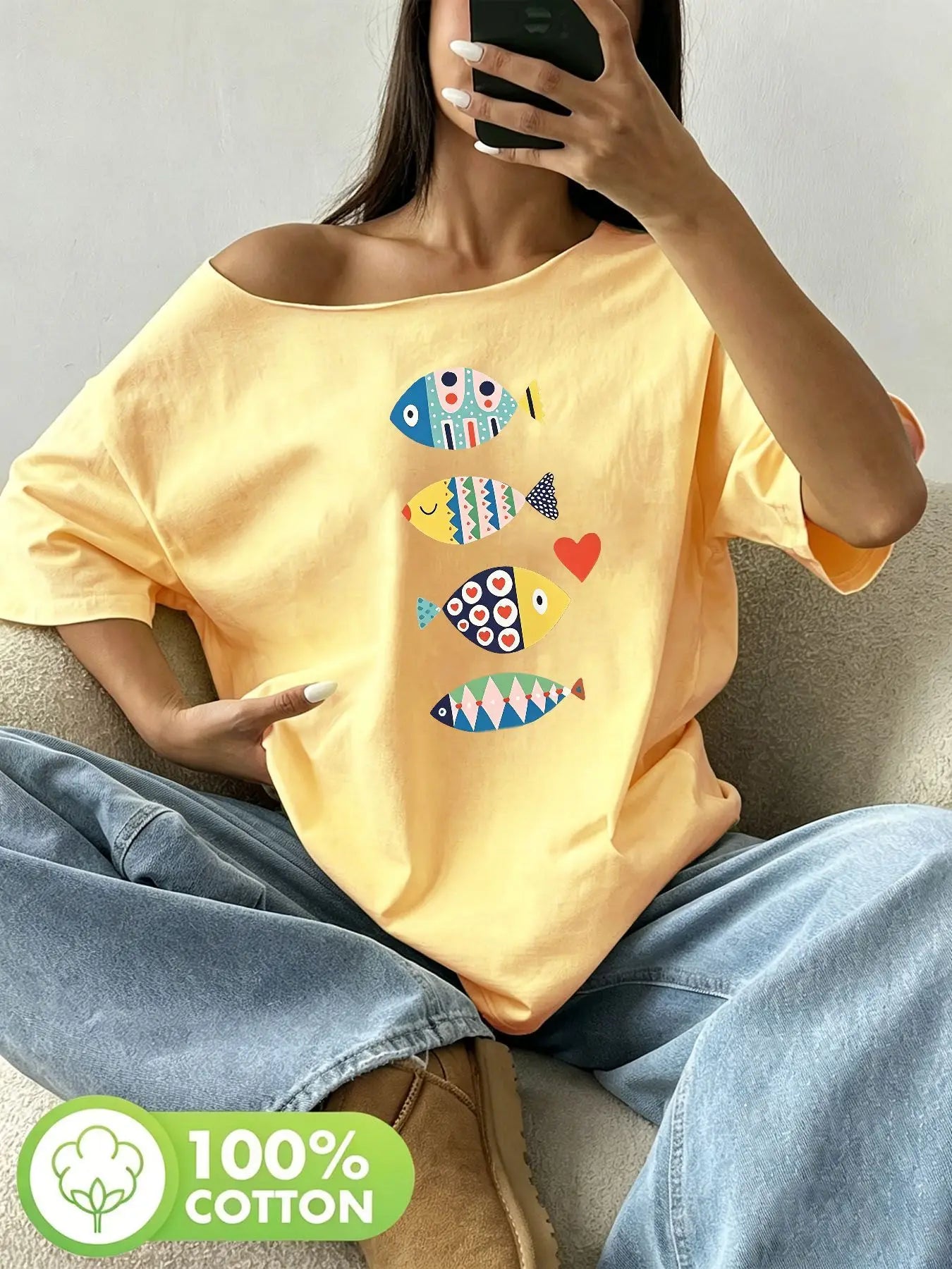 Plus Size Vertical Colorful Geometric Fish Pattern Print T-Shirt Oversized Y2K Style Graphic Tees Women Tops Summer Off The S