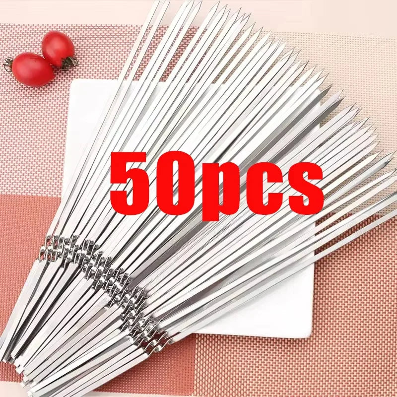 10-100pcs Reusable Stainless Steel Barbecue Skewers BBQ Needle Anti-skid Barbecue Meat Sticks Home Outdoor Camping Picnic Tools