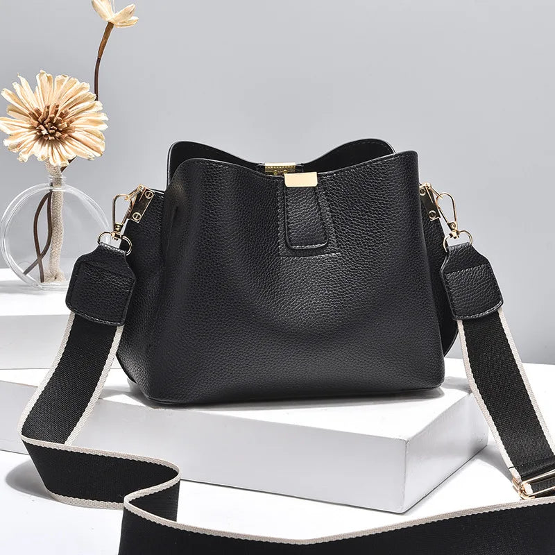 Minimalist Bucket Bag with Contrast Colors Strap & Hardware, Soft Textured Leather, Adjustable Crossbody Strap for Daily Wear