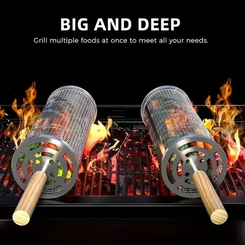Stainless Steel Round BBQ Grill Cage, Rolling Wire Mesh Cylinder Rack, Outdoor Camping Barbecue Essential