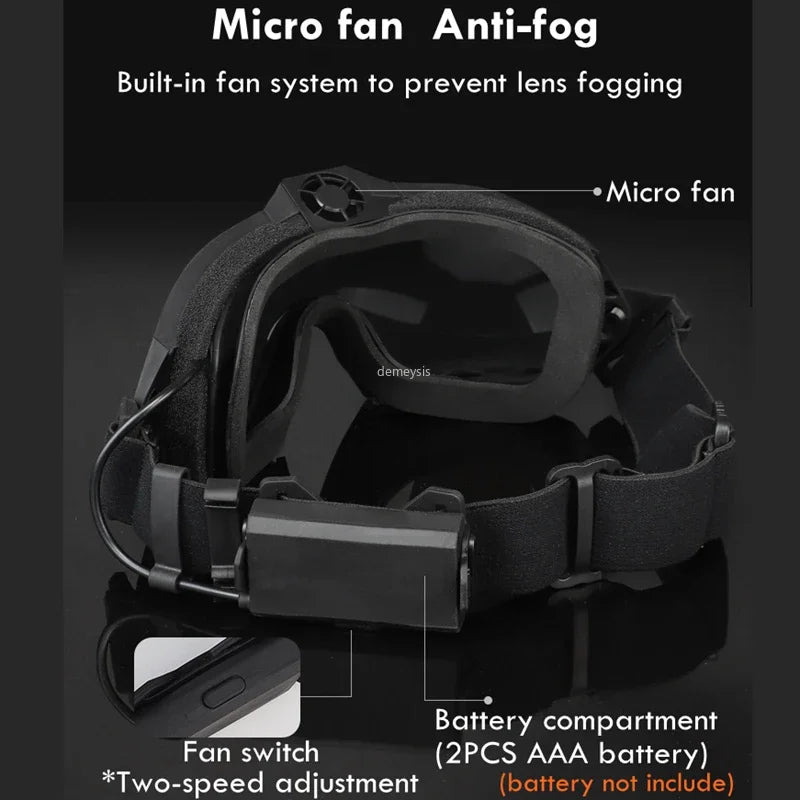 Tactical Goggles with Micro Fan Anti Fog Outdoor Paintball CS Game Motocycle Goggle with Interchangeable Lens