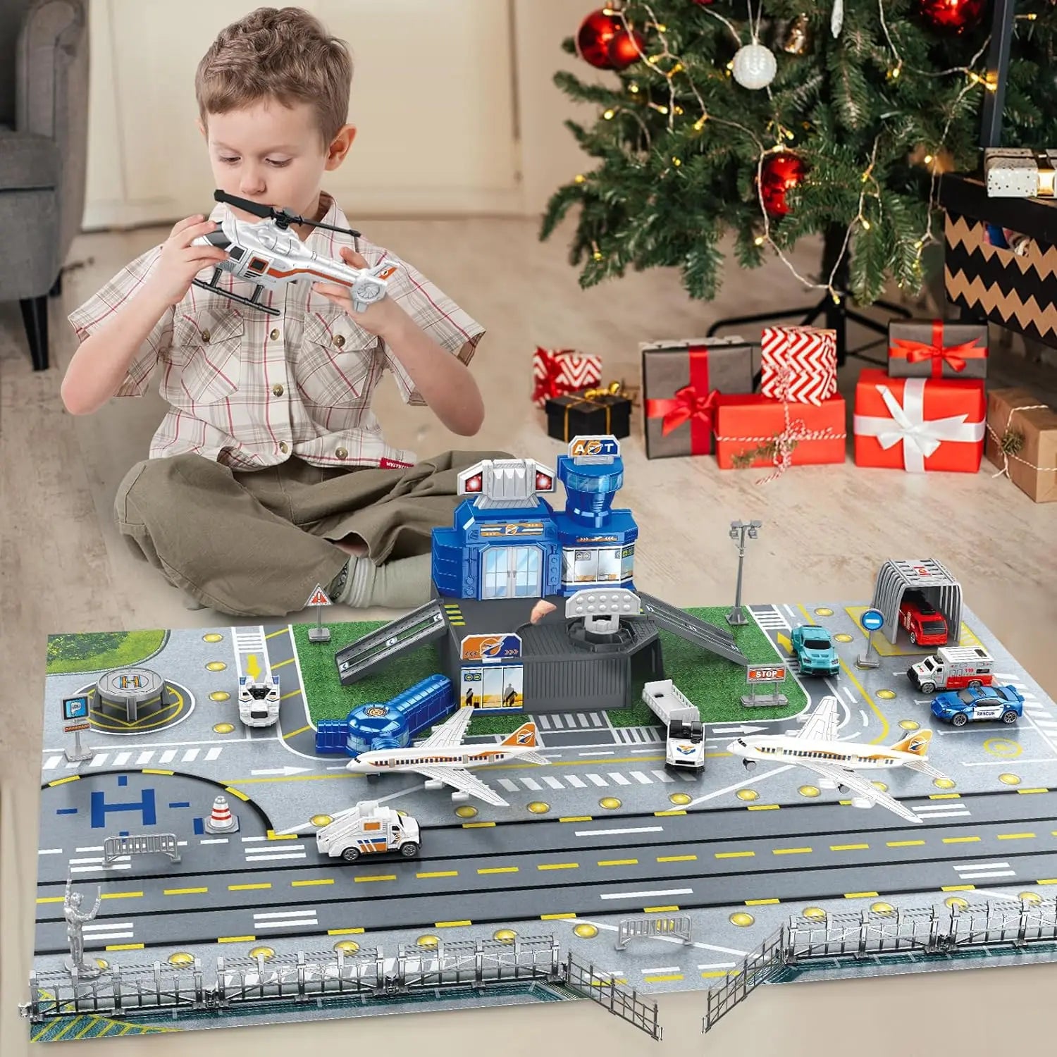 Children's Airport Scene Toy Set with Car, Helicopter, Airplane, Tower, and Airport Play Mat, Transport Aircraft Model, Suitable for Children Aged 3-12, Birthday Gift, Christmas Gift, New Year Gift