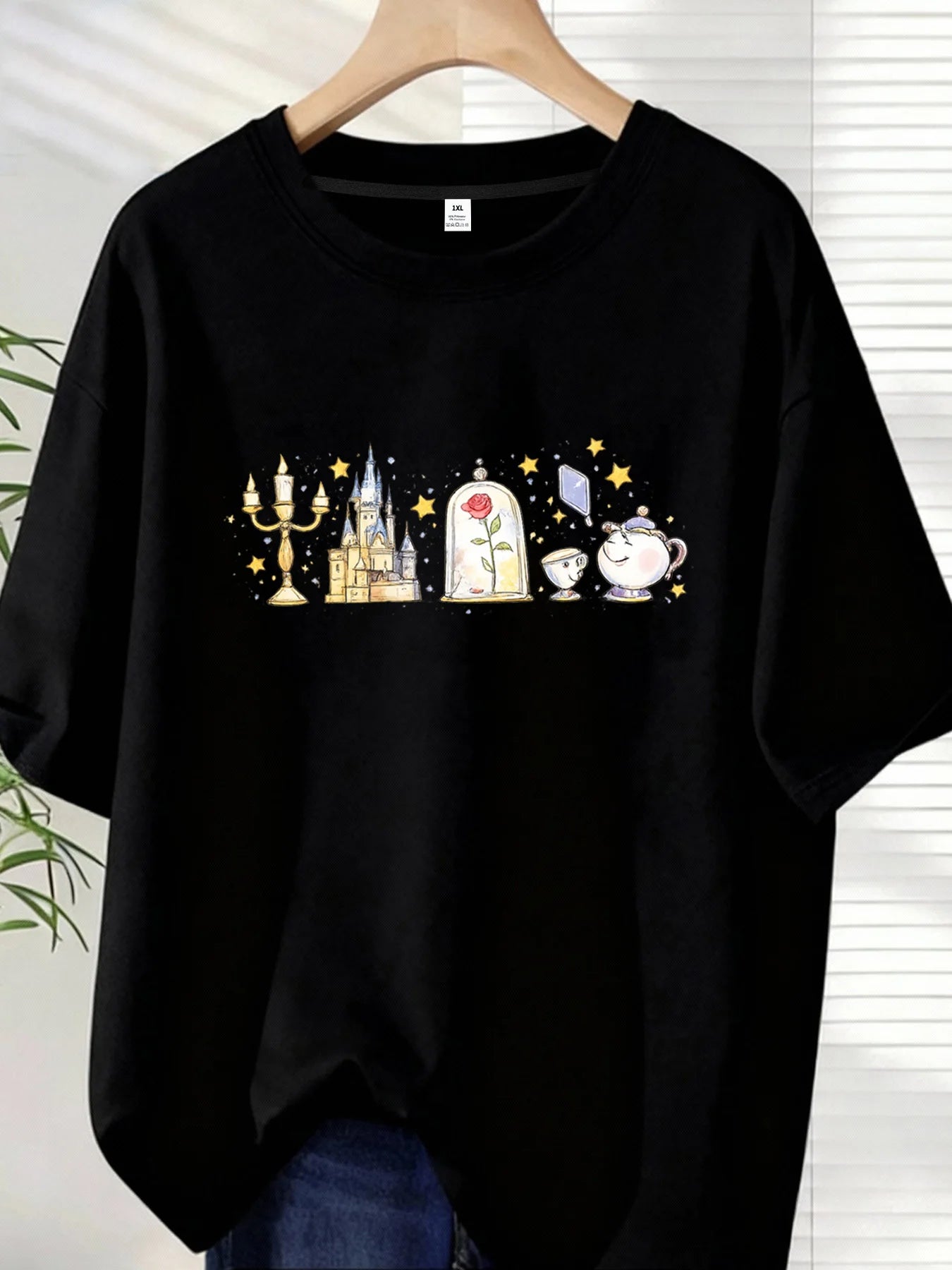 【ZXH10134】Castle Rose Plus size women's round neck short sleeve T-shirt with elastic half sleeves and trendy prints