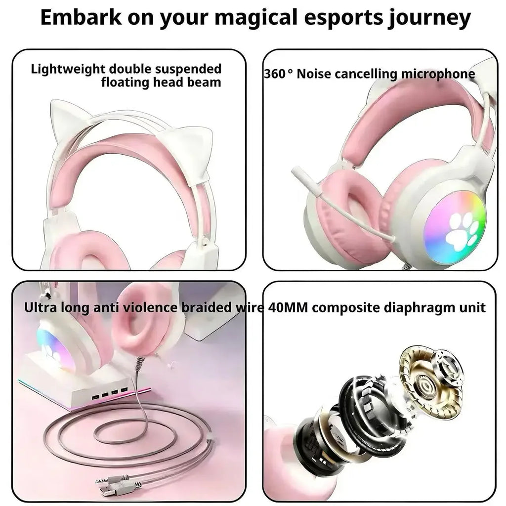 SOYTO Wired Cat Ear Headphones RGB LED Light Up Gaming Headset 3D Deep Bass Stereo Headphones with Mic for PC Laptop Girls