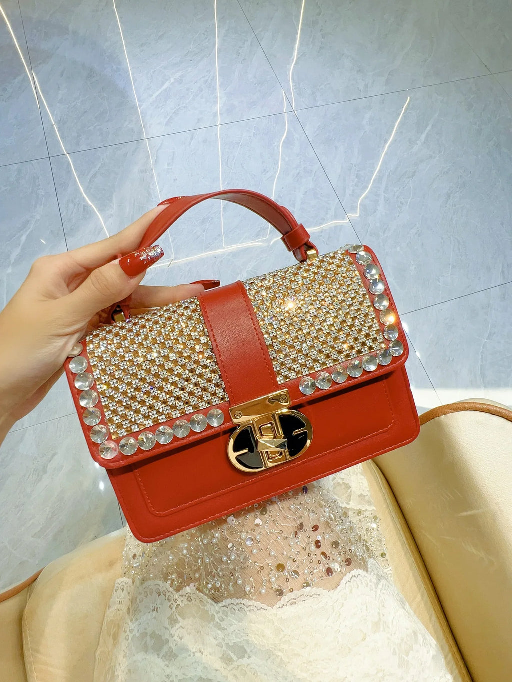 Fashion Textured PU Square Bag Crystal Rhinestones Diamond Women's Handbag Shoulder Messenger Bag Lady Purse Female Casual Bag