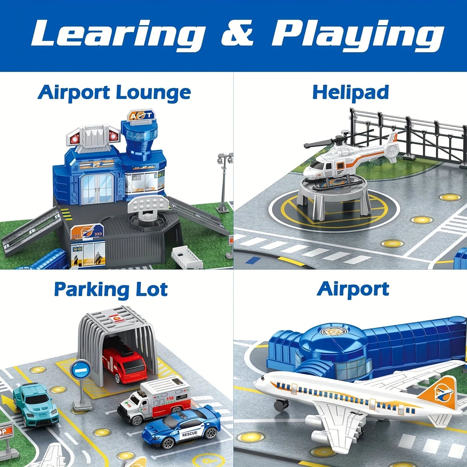 Airplane Toy Set with Trucks Helicopter Planes Signs Airport Playmat Interactive Early Learning Toys Birthday Gift for Boy Girl