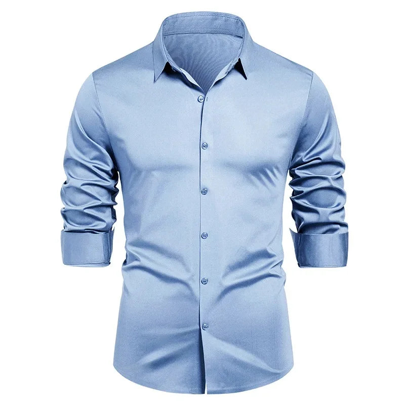High-end Formal Work Shirts Men Spring Autumn Long Sleeve Elastic Shirt Anti-wrinkle Free Ironing Business Comfort Slim Workwear