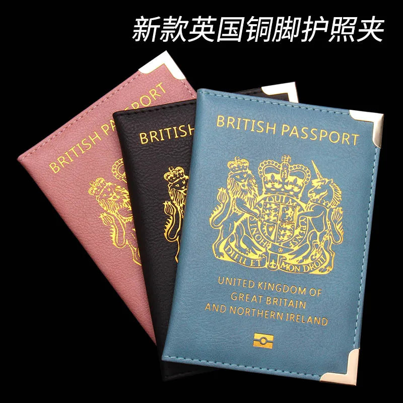 New British Copper Footed Passport Holder Leather Passport Cover Wallets Thin Metal Corner Passport Covers Travel Id Holder