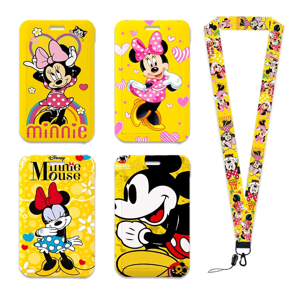 Disney Yellow Series Mickey Minnie Card Holder Work Permit Name Badge with Keychains Student Id Card Lanyard Holder Accessories