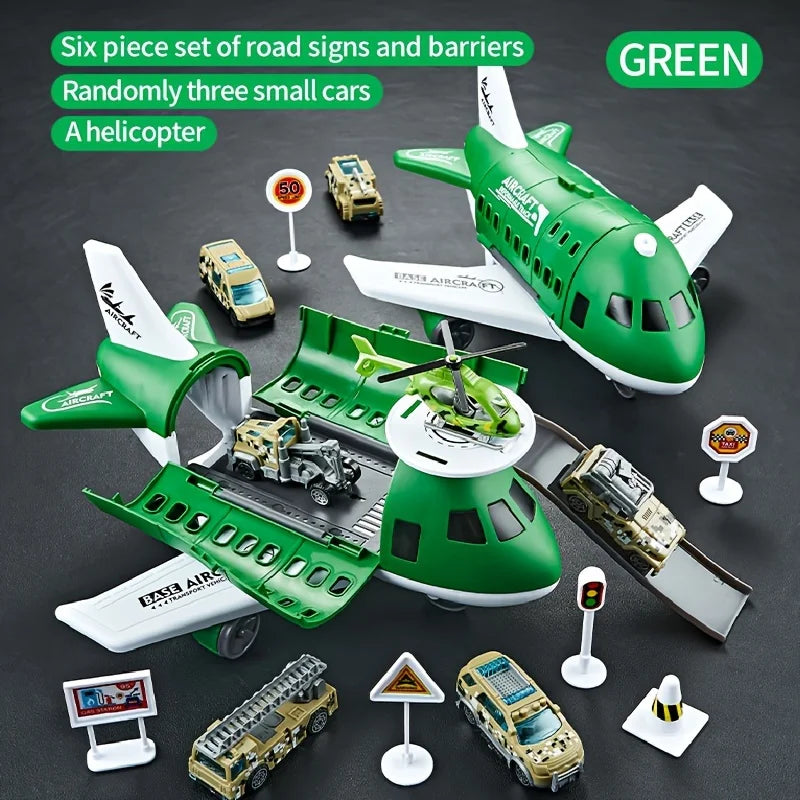 Children's Airplane Car Toy, Inertial Airplane Model, Equipped with 6 Road Signs Random 3 Cars 1 Helicopter, Christmas Gift