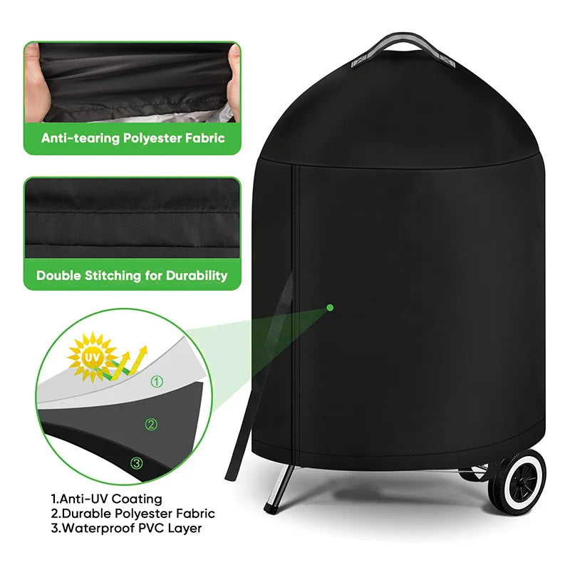 210D Cloth BBQ Cover Cylindrical Outdoor Oven round Grill Protection with Top Handle PU Waterproof Coating