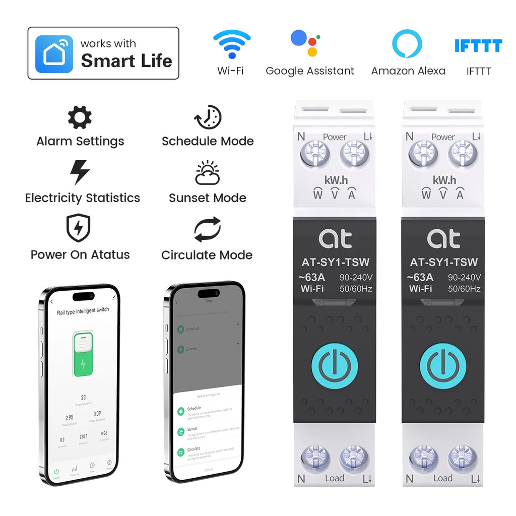 Tuya WiFi Smart Circuit Breaker 63A 1P DIN Rail for Smart Home Wireless Remote Control WiFi Switch by APP Metering Breaker