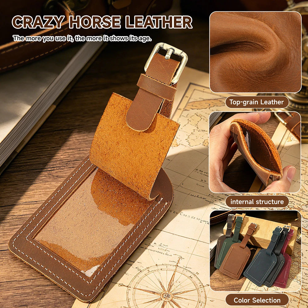 Vintage Crazy Horse Genuine Leather Luggage Tag Privacy Cover ID Address Label Adjustable Strap Suitcase Baggage Travel Accessor