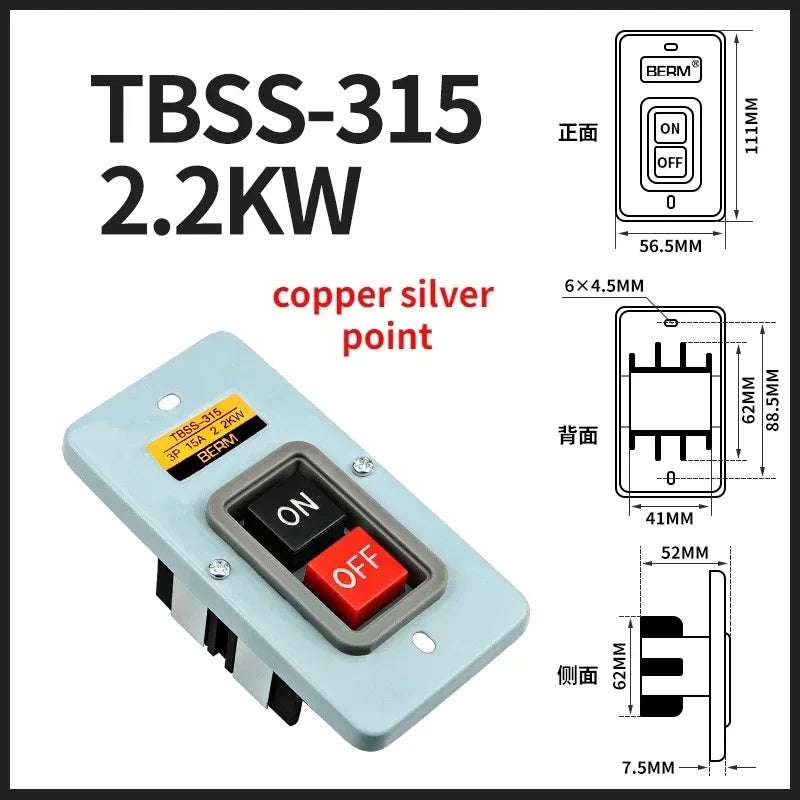 OMCH Push Button Power Switch Three Phases Power Control Start Switch AC 380V 15A 3P 2.2KW TBSN-315 TBSS-315