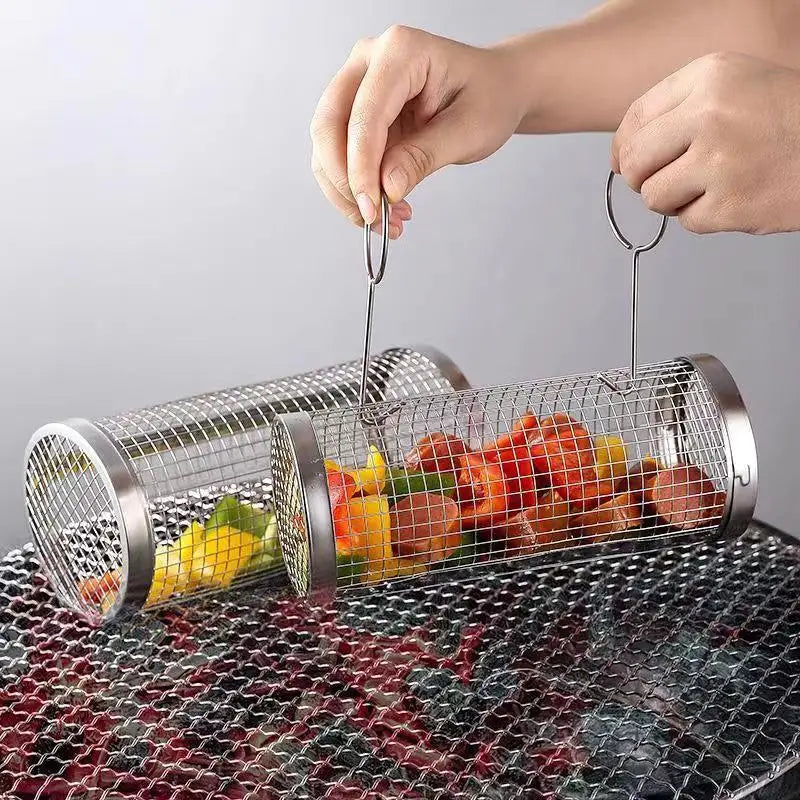 Round BBQ Basket Stainless Steel Camping Grill Mesh Cooking Tool Outdoor Picnic Camping Bonfire Party Barbecue Grilling Basket